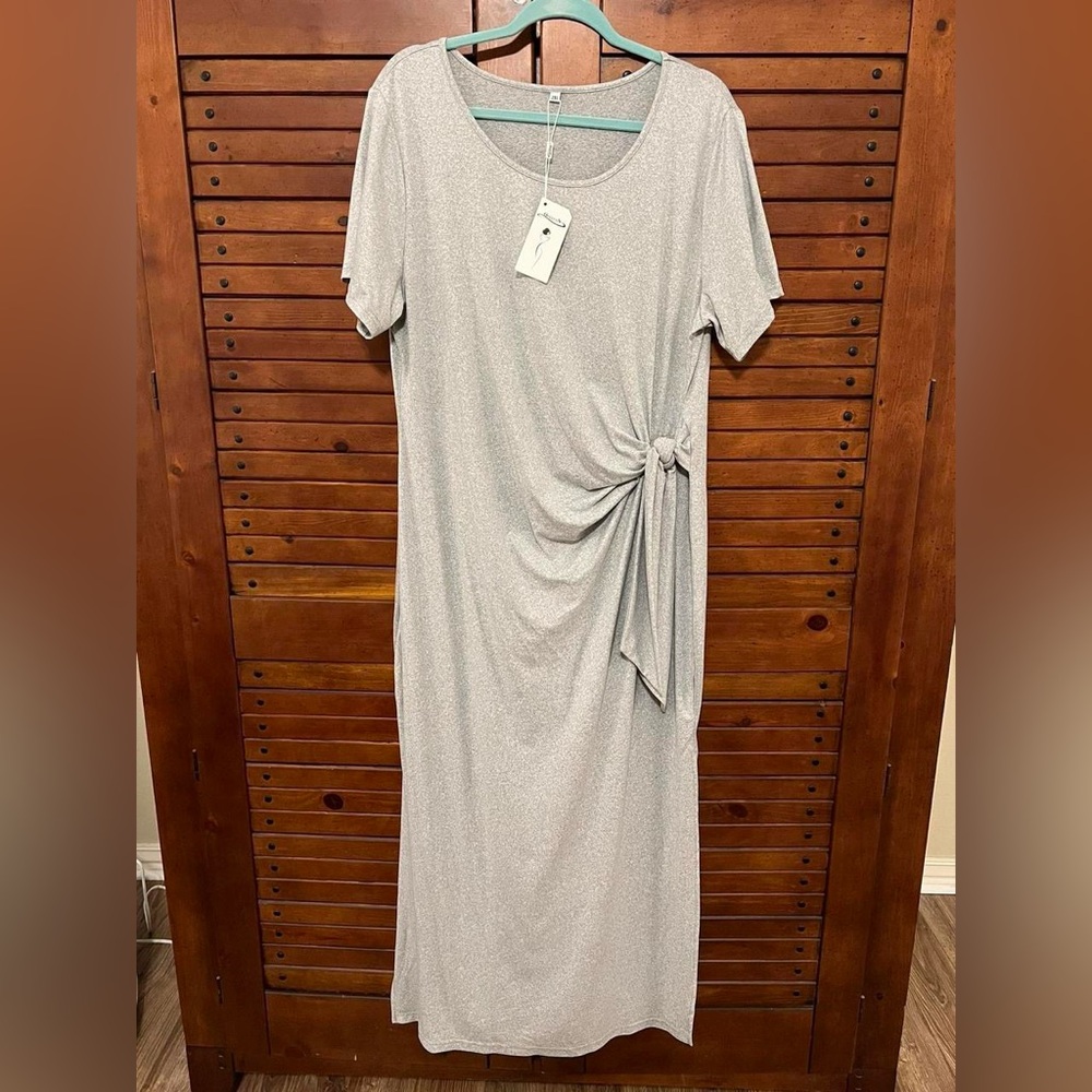 OFEEFAN Grey Tie Front Short Sleeve T Shirt Dress Summer Maxi Dress